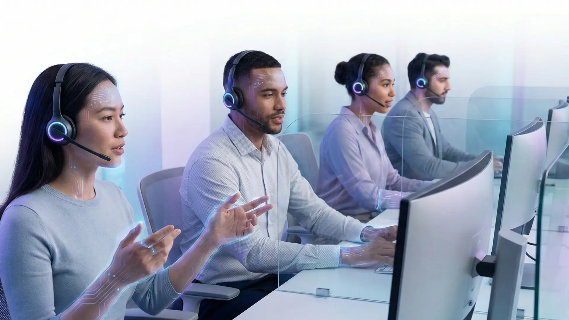 AI-native agency team with headsets working at computers