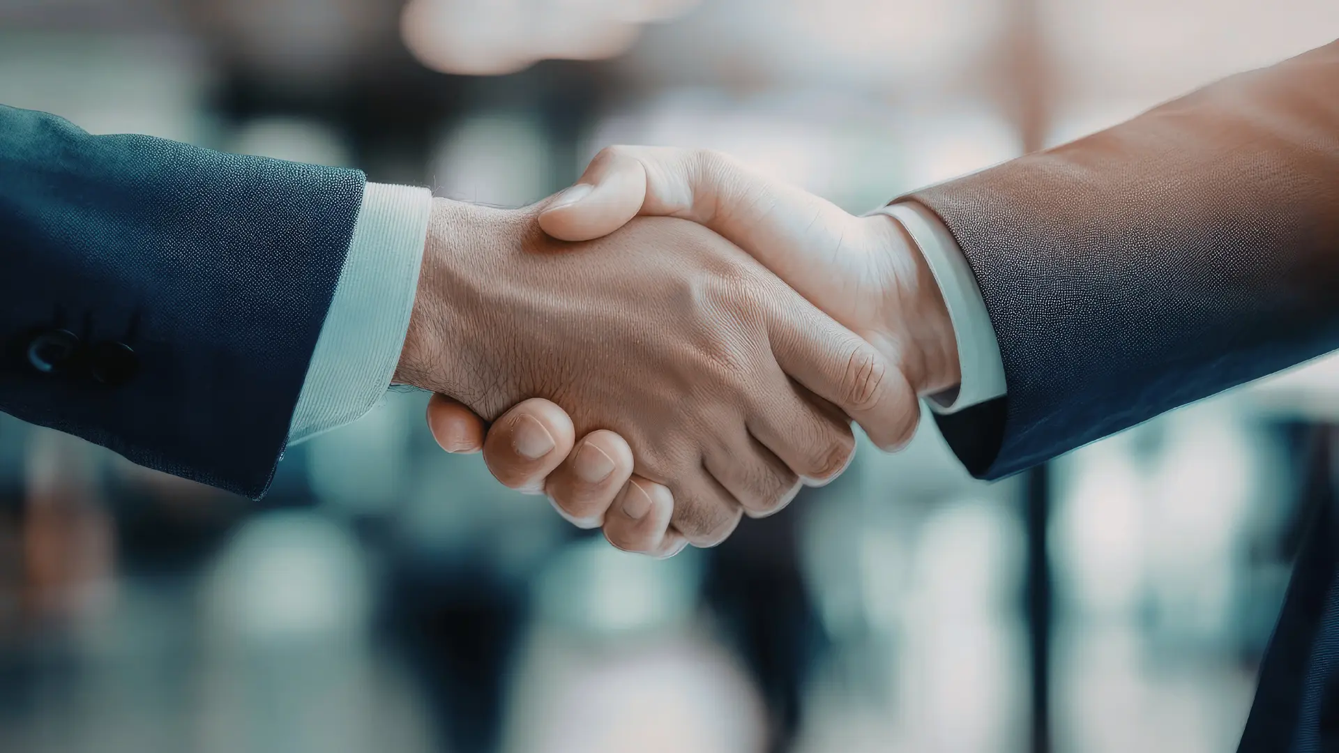 Two professionals shaking hands on a licensing agreement